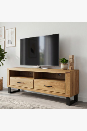 Tölgyfa TV-komód fém lábakon, 2 fiókos, természetes olajozott felület